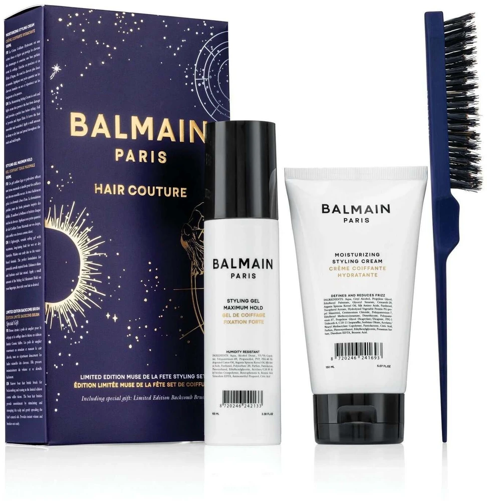 Balmain rinkinys Balmain Professionnel: Balmain Professionnel, pantenolis, plaukų formavimo gelis, formavimui, stiprus fiksavimas, 100 ml + drėkinamasis plaukų formavimo kremas, 150 ml + šukuosenos tūriui, plaukams moterims