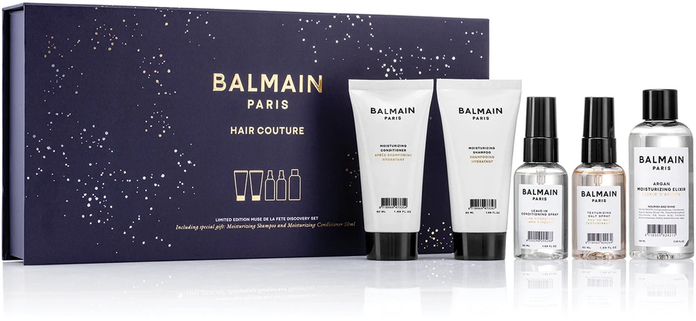 Balmain rinkinys Balmain Professionnel: drėkinamasis plaukų šampūnas, skirtas drėkinimui, 50 ml + drėkinamasis plaukų kondicionierius, skirtas drėkinimui, 50 ml + Balmain Professionnel purškiklis su druska, skirtas apibrėžtumui ir tekstūrai, lengvo fiksavimo, 50 ml + argano drėkinamasis plaukų eliksyras, plaukų O