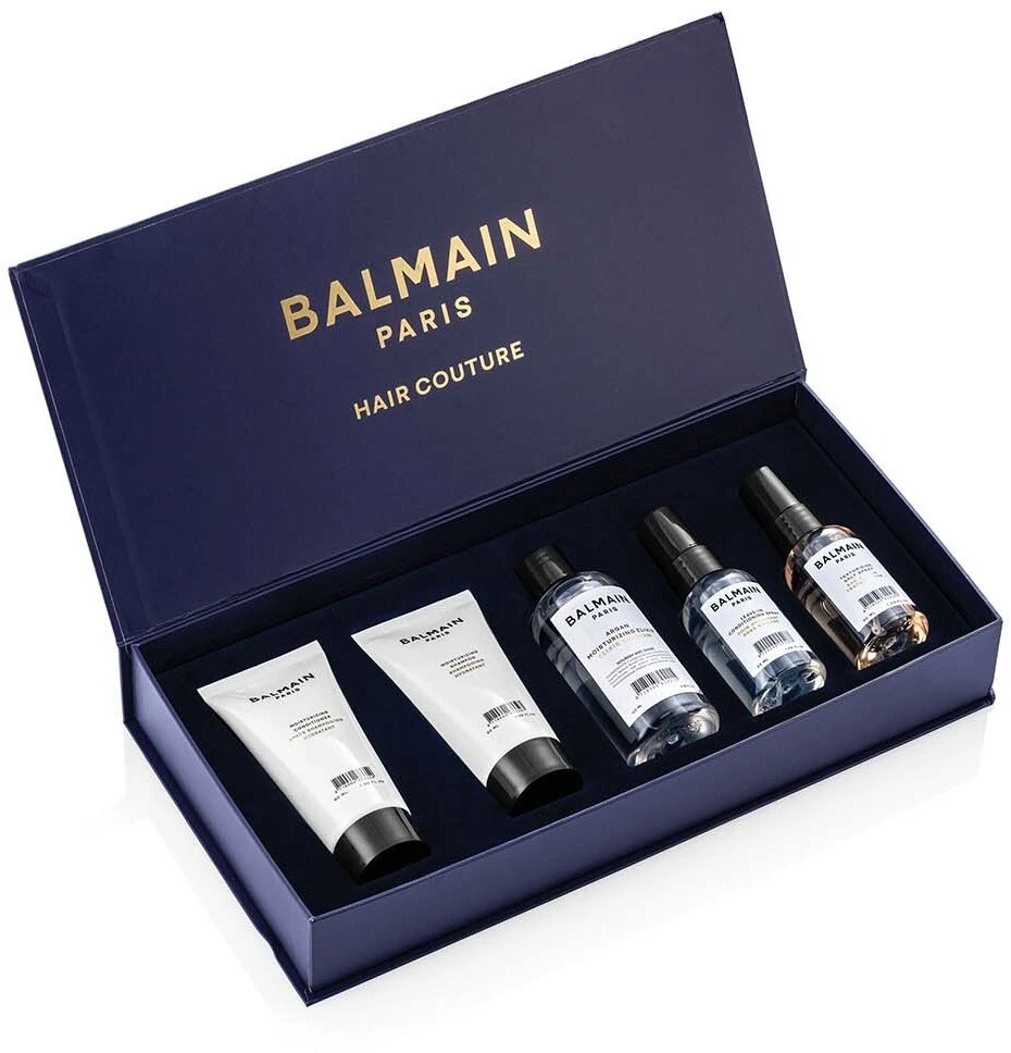 Balmain rinkinys Balmain Professionnel: drėkinamasis plaukų šampūnas, skirtas drėkinimui, 50 ml + drėkinamasis plaukų kondicionierius, skirtas drėkinimui, 50 ml + Balmain Professionnel purškiklis su druska, skirtas apibrėžtumui ir tekstūrai, lengvo fiksavimo, 50 ml + argano drėkinamasis plaukų eliksyras, plaukų O