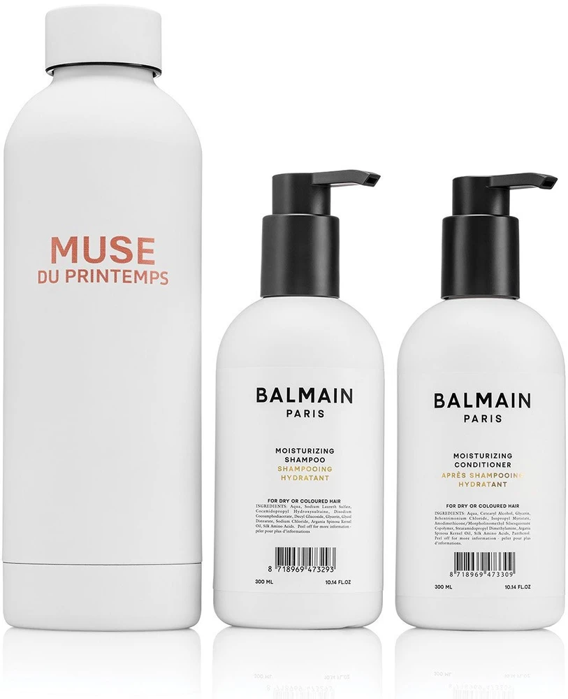 Set Balmain Professionnel: Balmain Professionnel Argan Oil Hair Šampūnas Moisturizing, 300 ml + Balmain Professionnel Hair Conditioner For Moisturizing, 300 ml + Muse Du Printemps GWP Steel Vanduo Bottle Baltas