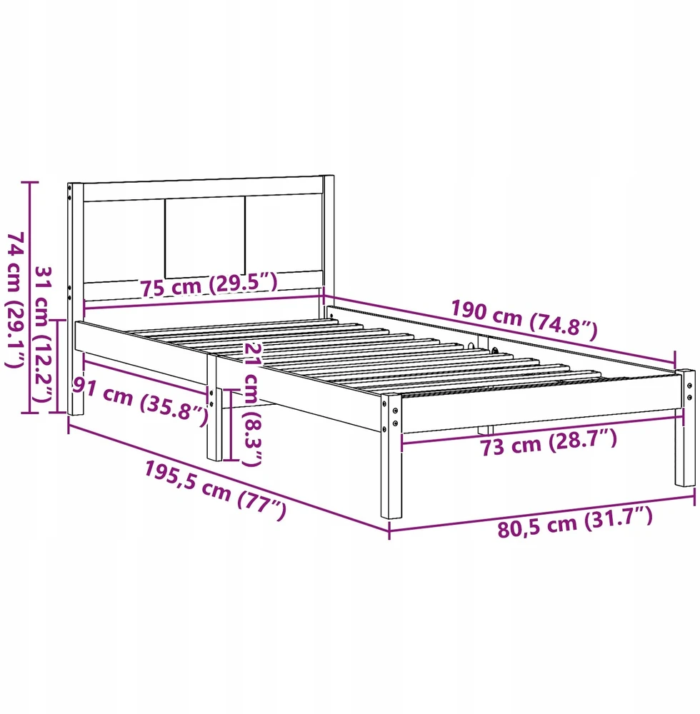 Lova Lovos rėmas Balta 75 x 190 cm Pušies medienos masyvas