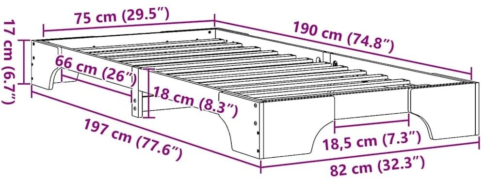 Lova Lovos rėmas Balta 75 x 190 cm Kietos pušies mediena