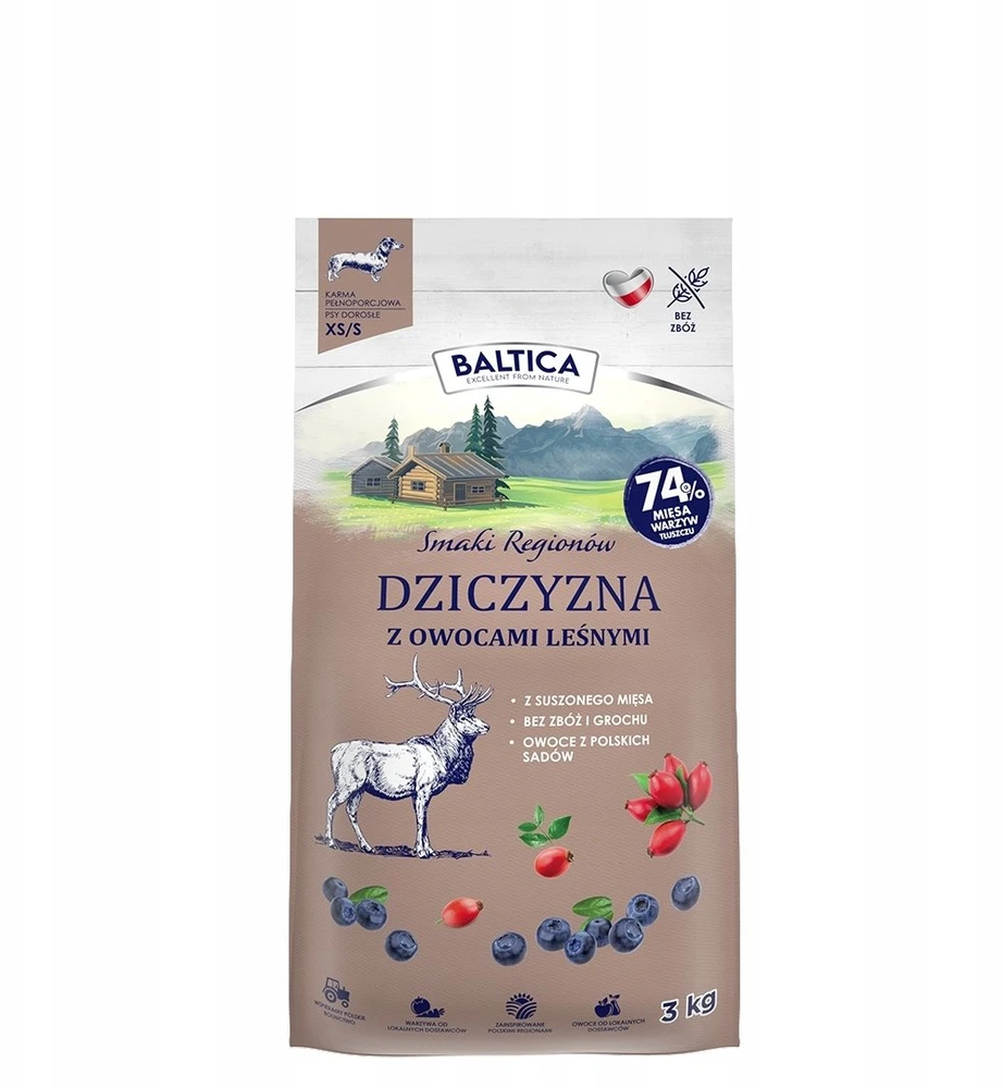 BALTICA Regionų skoniai Elniena su miško uogomis Mažų veislių vištoms – dešrelės Maistas šunims – 3kg