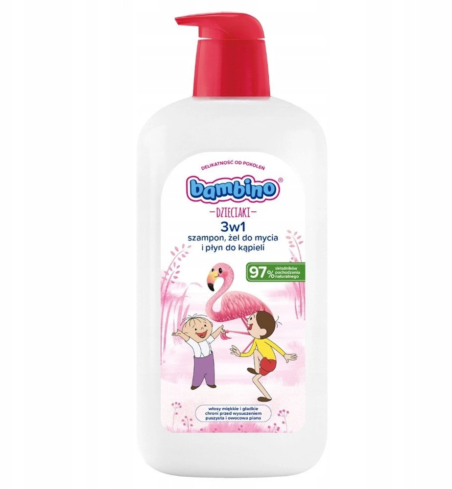 Bambino Vaikiškas 3in1 šampūnas, dušo želė ir vonios skystis „Flamingo“ 1000 ml