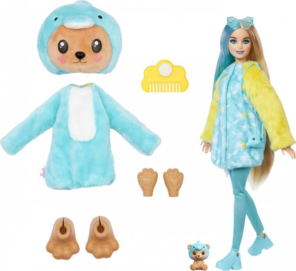 Barbės „Cutie Reveal“ rinkinys, minkštutėlių kostiumų serija - meškutis + delfinas
