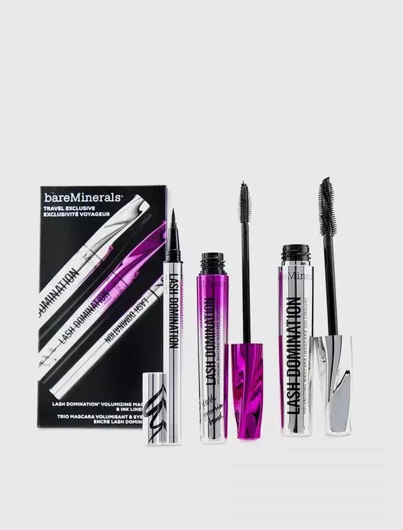 Bare Minerals Travel Exclusive Set BareMinerals: Lash Domination Volumizing Blakstienų tušas Intense Juodas 8.5 ml + Lash Domination Volumizing Blakstienų tušas Juodas 8.5 ml + Lash Domination Gel Pieštukas Akių apvadas Juodas 0.6 ml