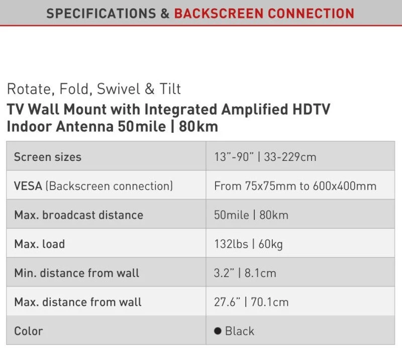 Laikiklis BARKAN VTM464L 13"-90" TV, 4 lankstų, su antena, sieninis, juodas, labai ilgas