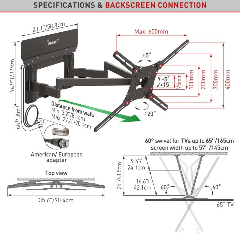 Laikiklis BARKAN VTM464L 13"-90" TV, 4 lankstų, su antena, sieninis, juodas, labai ilgas