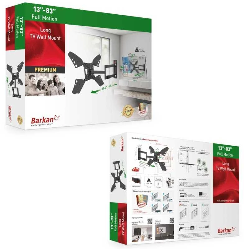 Laikiklis BARKAN 3400L.B 65" lygiam/lenktam TV, 4 lankstų, sieninis, juodas