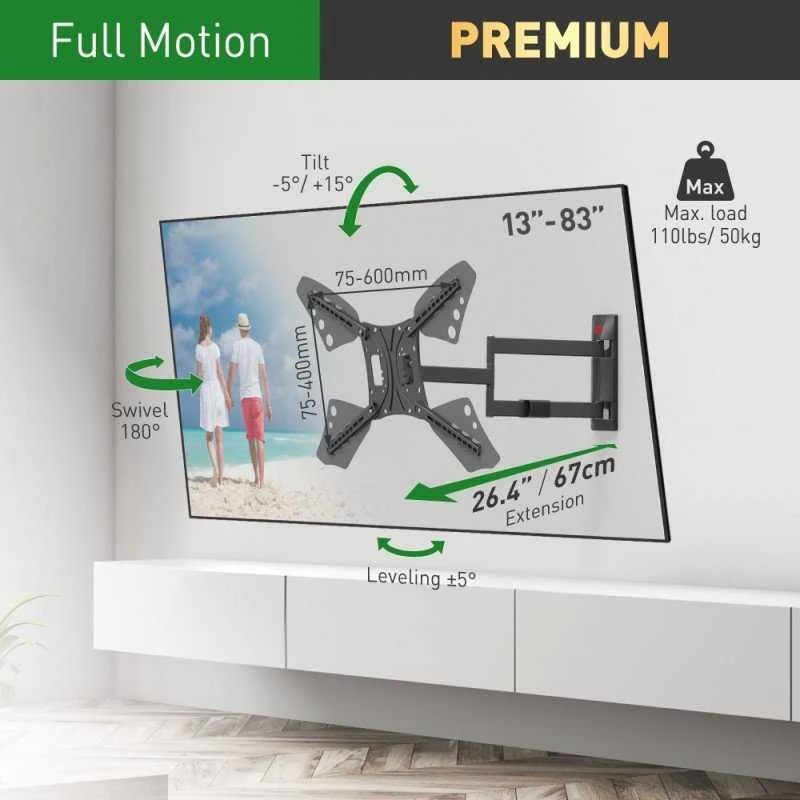 Laikiklis BARKAN 3400L.B 65" lygiam/lenktam TV, 4 lankstų, sieninis, juodas