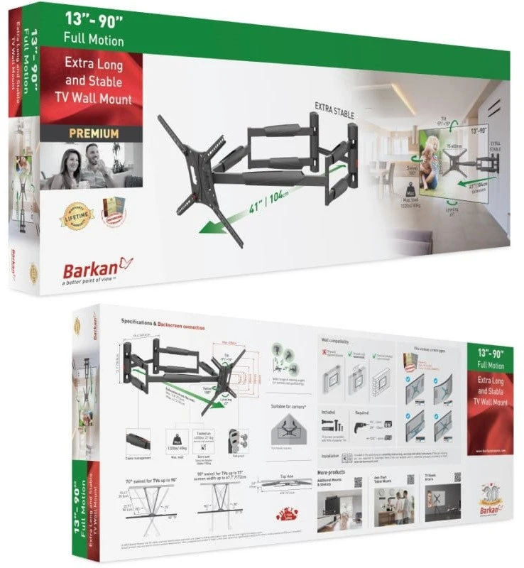 Laikiklis BARKAN BM466XP 13-65" TV, 4 lankstų, sieninis, prailgintas, juodas