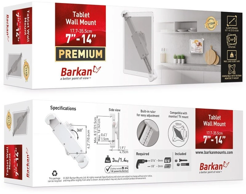 Barkan planšetinio kompiuterio laikiklis 7–14 colių, 360 laipsnių besisukantis sieninis laikiklis, baltas