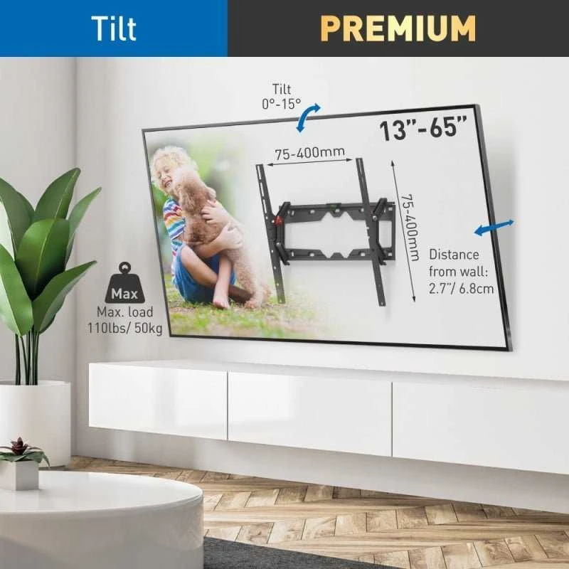 Laikiklis „Barkan“ plokščių / lenktų televizorių sieniniai laikikliai E310+, pakreipiamas, 29–65 colio, maksimalus svoris (talpa) 50 kg, Juodas
