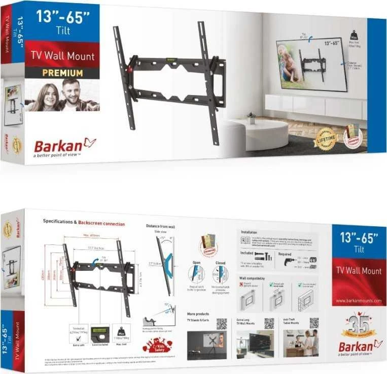 Laikiklis „Barkan“ plokščių / lenktų televizorių sieniniai laikikliai E310+, pakreipiamas, 29–65 colio, maksimalus svoris (talpa) 50 kg, Juodas