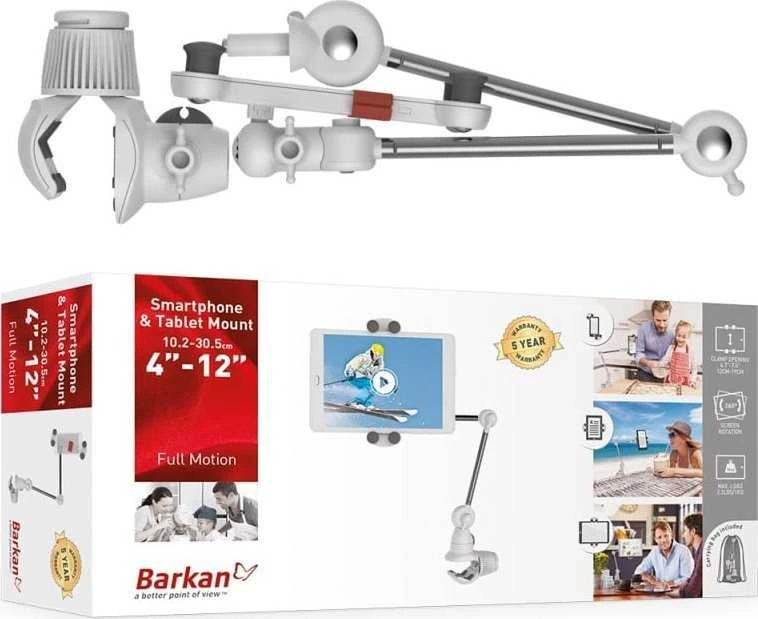 Laikiklis Barkan Portable, Foldable-Arm, Multi-Position Išmanusis telefonas & Planšetė Mount T580 Other, Full motion, 4-12 ", Baltas