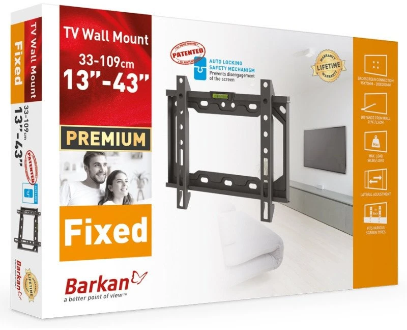 Barkan plokščio/lenkto televizoriaus sieninis laikiklis E202+, fiksuotas, 26-39", maksimalus svoris (talpa) 30 kg, Juodas