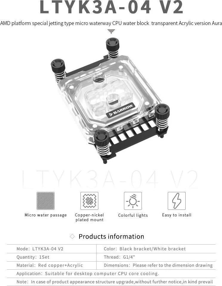 Barrow AMD CPU vandens aušintuvas RGB, akrilinis – baltas
