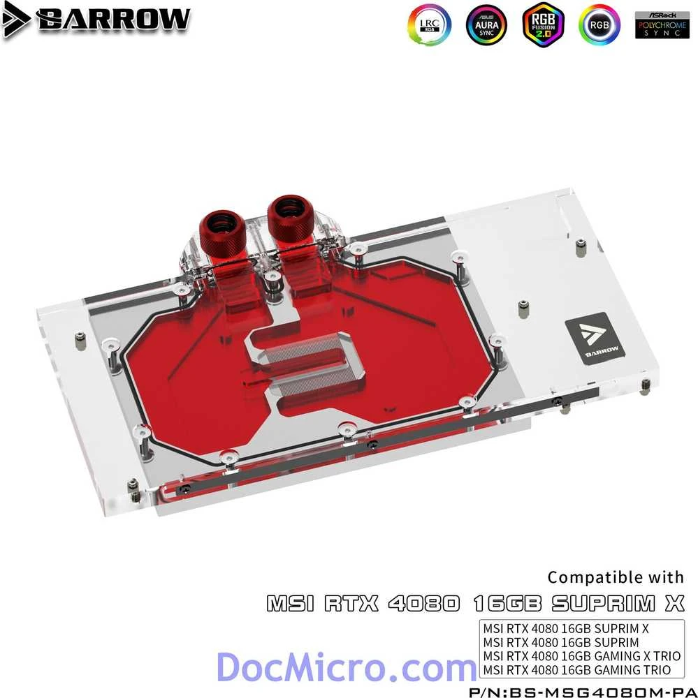 Barrow vandens blokas MSI RTX 4080 su raudonu kanalu