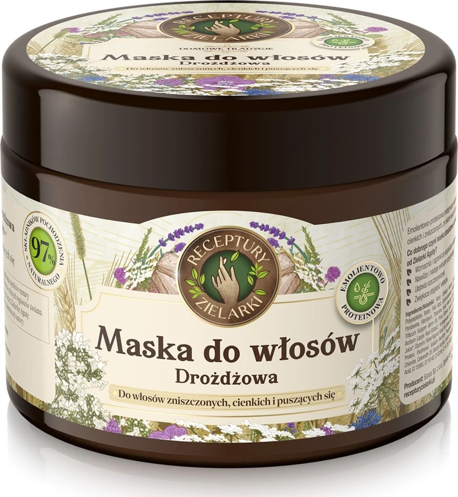 Receptury Zielarki ŽOLŲ RECEPTAI Home Traditions Mielių kaukė pažeistiems, ploniems ir slenkantiems plaukams 300ml