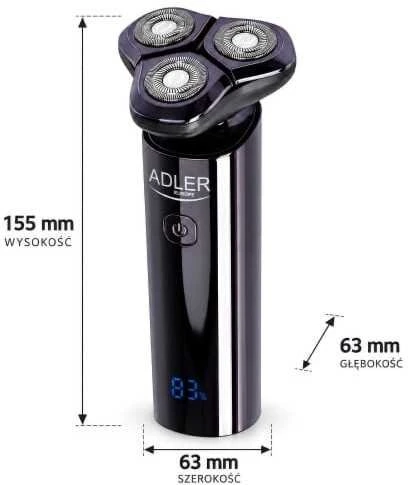 Adler AD 2957 Galvos tipo barzdaskutė veidui USB-C, 3 sukamosios galvutės, skustis sausai ir šlapai, atsparumas vandeniui IPX7, LED ekranas, 2 greičiai