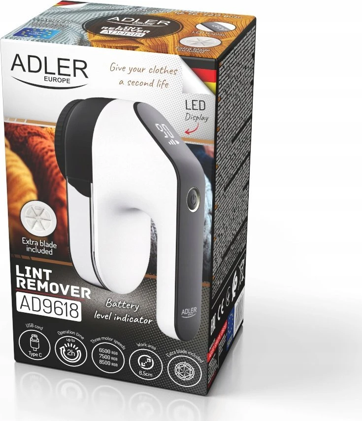 Adler | Lint remover LCD | AD 9618 | Baltas/Juodas | Rechargeable battery