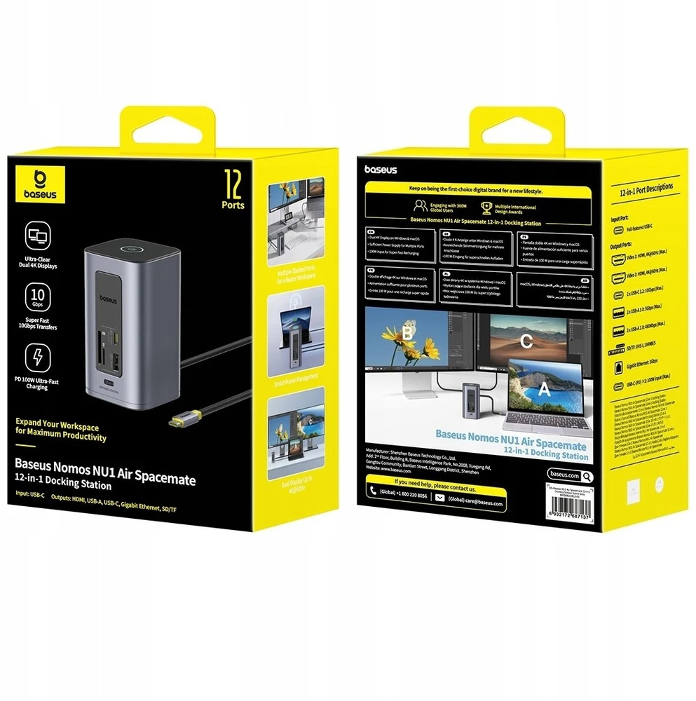 Jungčių stotelė / adapteris 1in12 USB C kištukas - 2xHDMI RJ45 SD/TF USB3 NU1 Air Spacemate BASEUS