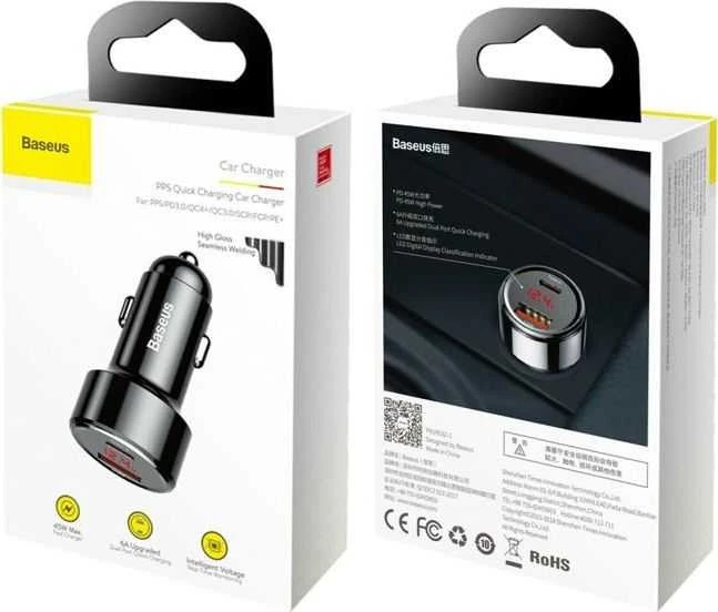 Dėklas Baseus Magic USB + USB-C QC 4.0 PD 45W automobilinis įkroviklis - juodas
