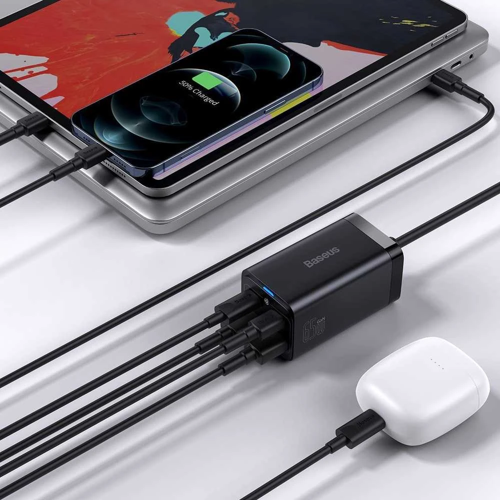 Baseus Sieninis įkroviklis GaN3 Pro 65W 2xUSB + 2xUSB-C QC4+ PD3.0 su USB-C 1.5m laidu, juodas