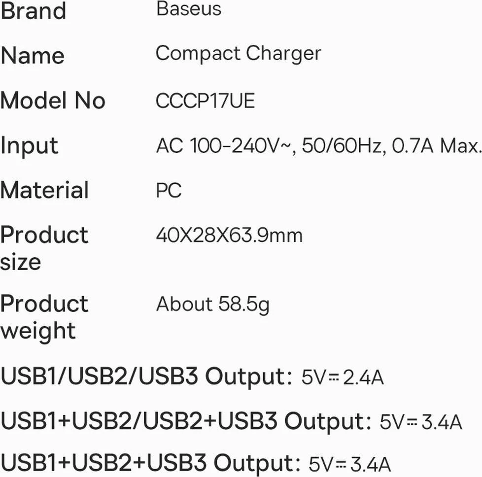 Baseus kompaktiškas greitas įkroviklis, 3x USB, 17W - baltas