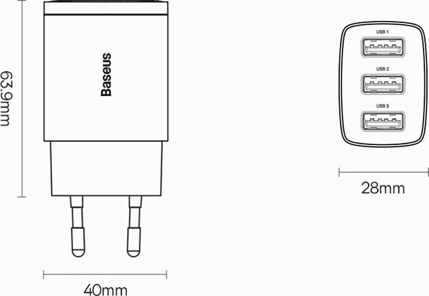 Baseus kompaktiškas greitas įkroviklis, 3x USB, 17W - baltas