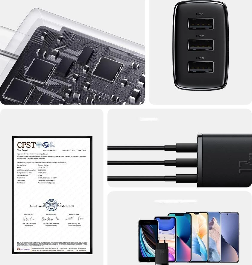 Baseus kompaktiškas greitas įkroviklis, 3x USB, 17W - baltas