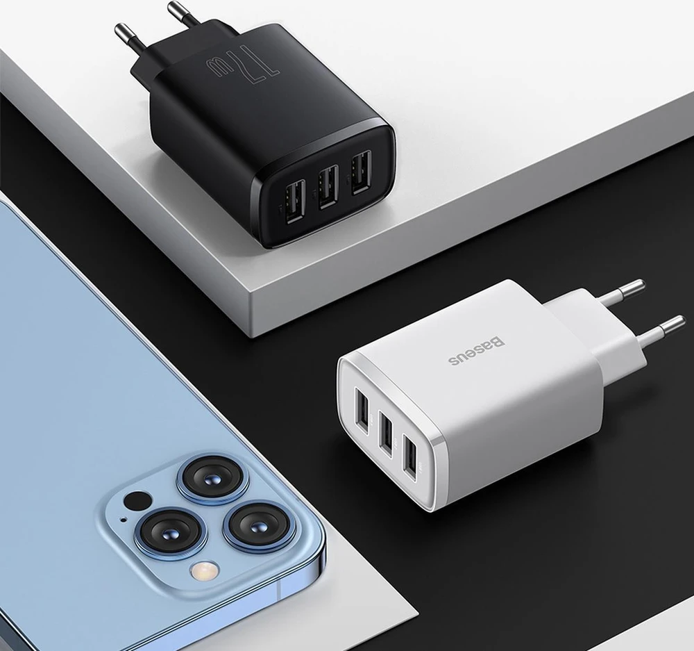 Baseus kompaktiškas greitas įkroviklis, 3x USB, 17W - baltas