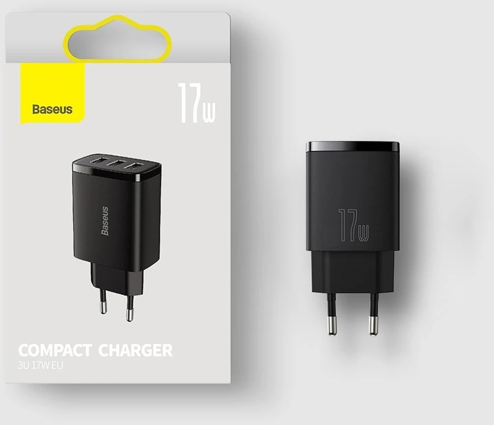 Baseus kompaktiškas greitas įkroviklis, 3x USB, 17W - baltas