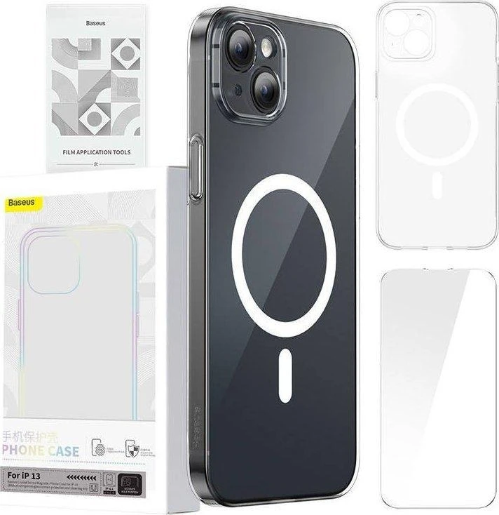 Telefono dėklas Baseus Magnetic Crystal Clear, skirtas iPhone 13 (skaidrus) su viso grūdinto stiklo ekrano apsauga ir valymo rinkiniu