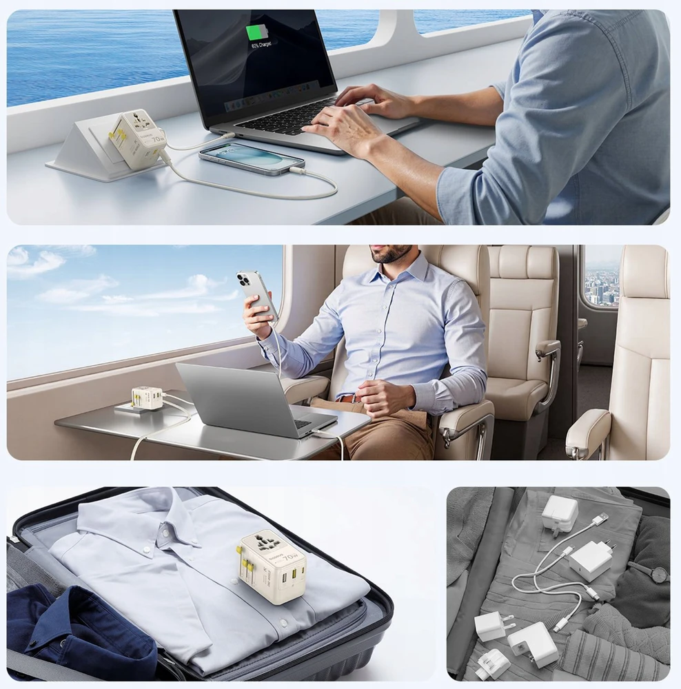 Baseus EnerCore CG11 70W „6-in-1“ kelionių adapteris su ištraukiamu USB-C laidu – baltas