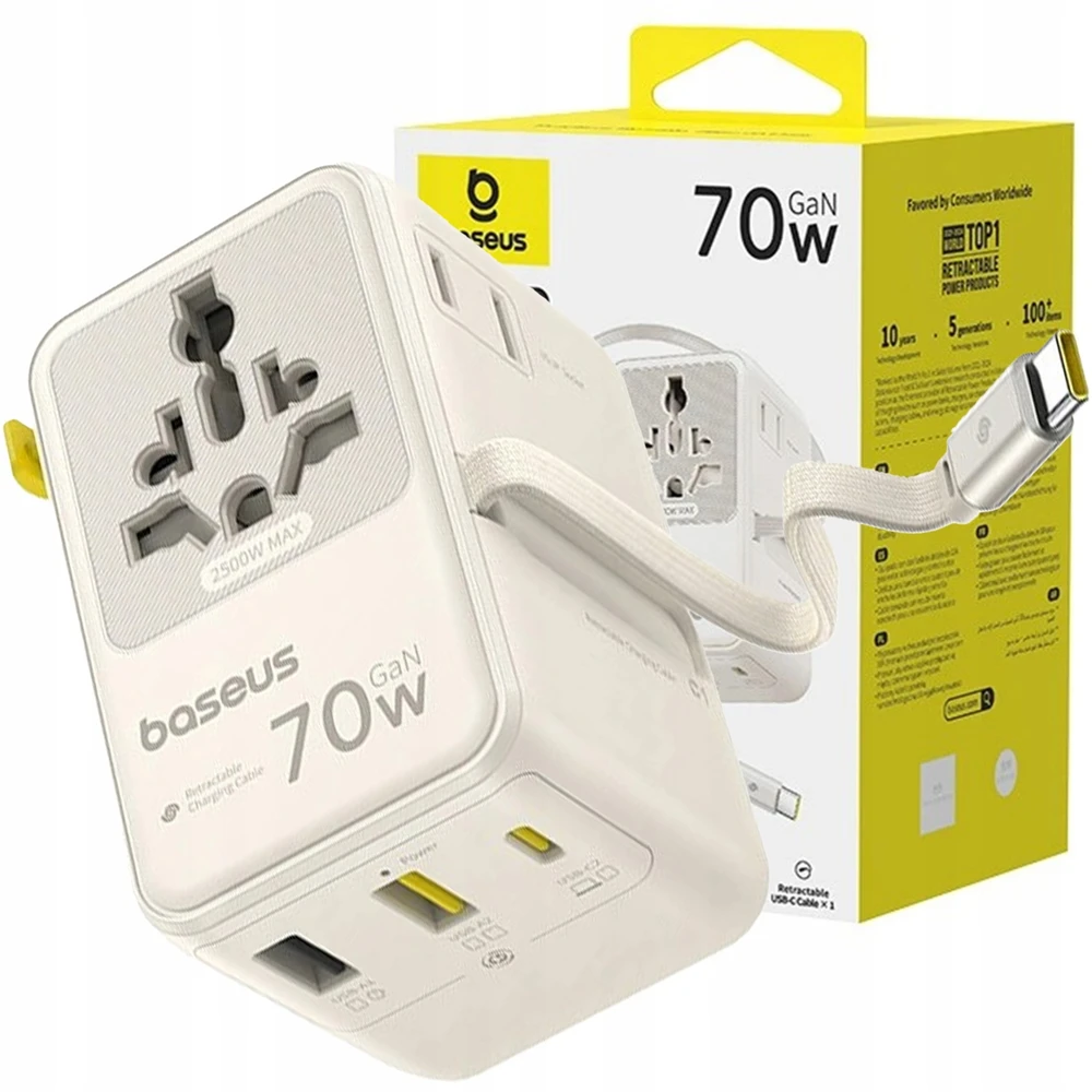 Baseus EnerCore CG11 70W „6-in-1“ kelionių adapteris su ištraukiamu USB-C laidu – baltas
