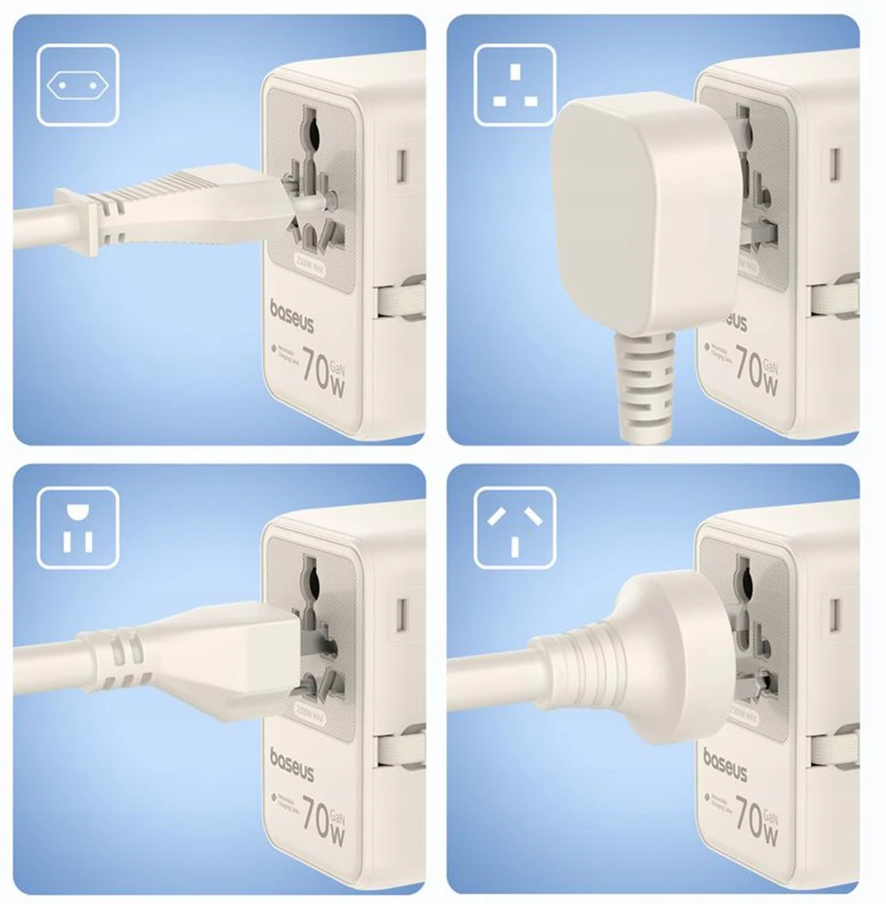 Baseus EnerCore CG11 70W „6-in-1“ kelionių adapteris su ištraukiamu USB-C laidu – baltas