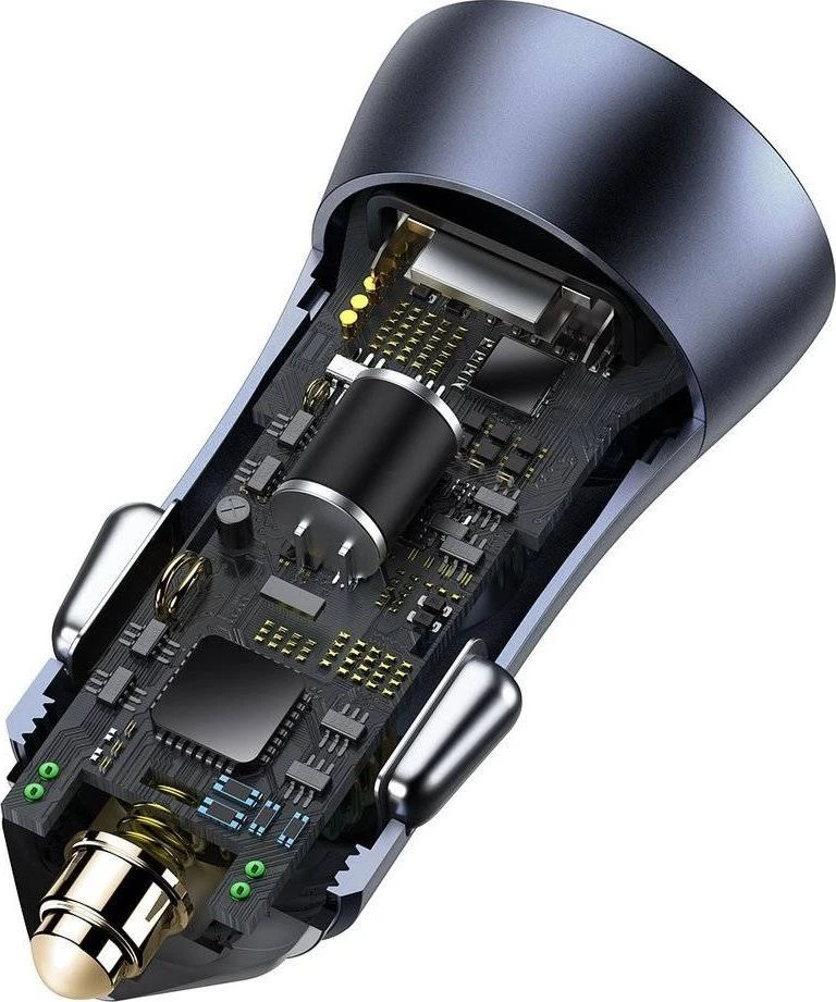 Baseus Automobilinis įkroviklis 40W 12-24V 2xUSB QC4.0 SCP FCP AFC su USB-C 1m laidu, pilkas