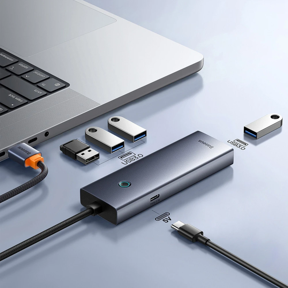 Hub Baseus UltraJoy Series Lite 4-Port 50cm (USB į USB3.0*4+Type-C5V) (pilka)