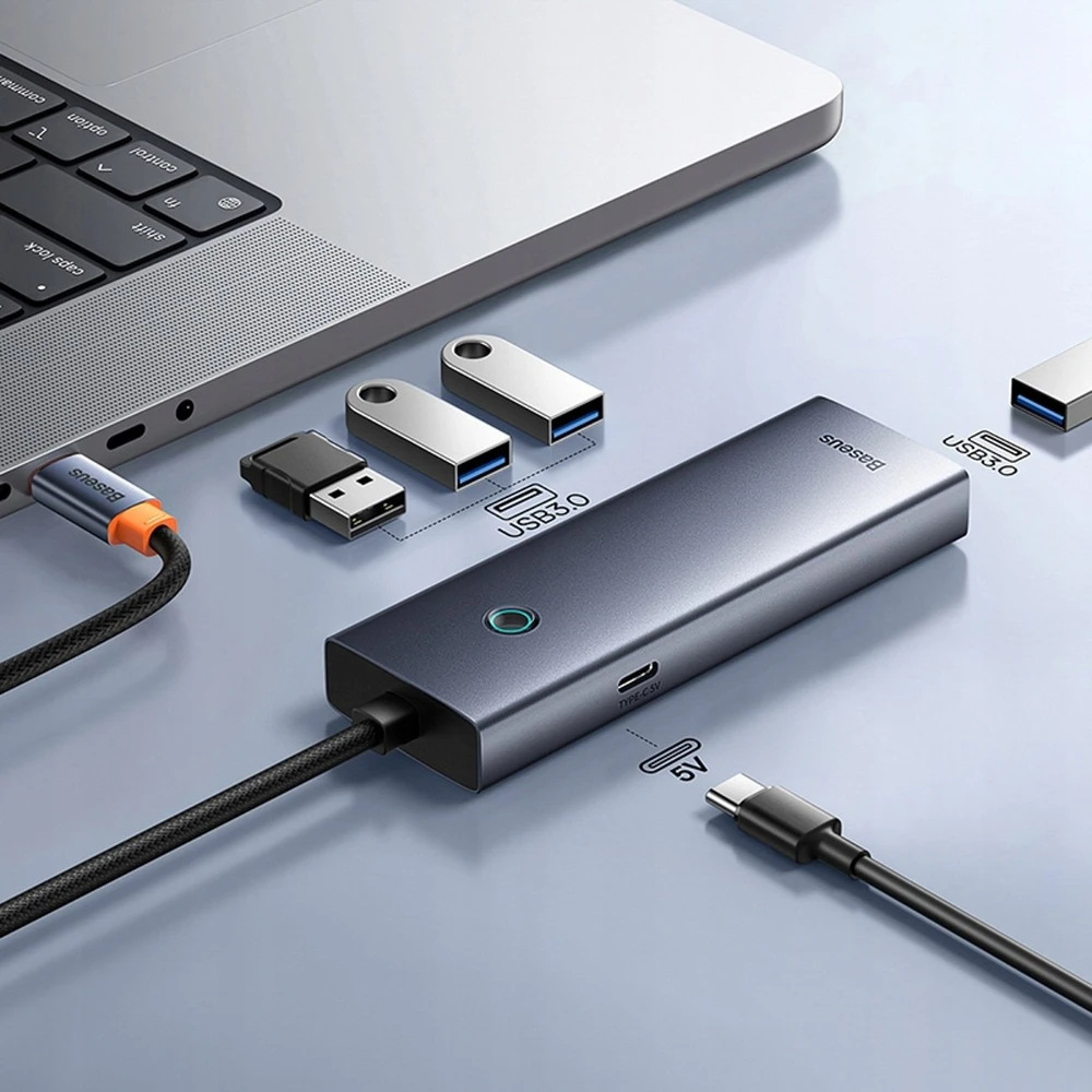 Hub Baseus UltraJoy Series Lite 4 prievadų (C tipo iki USB3.0*4+Type-C 5V) (pilka)