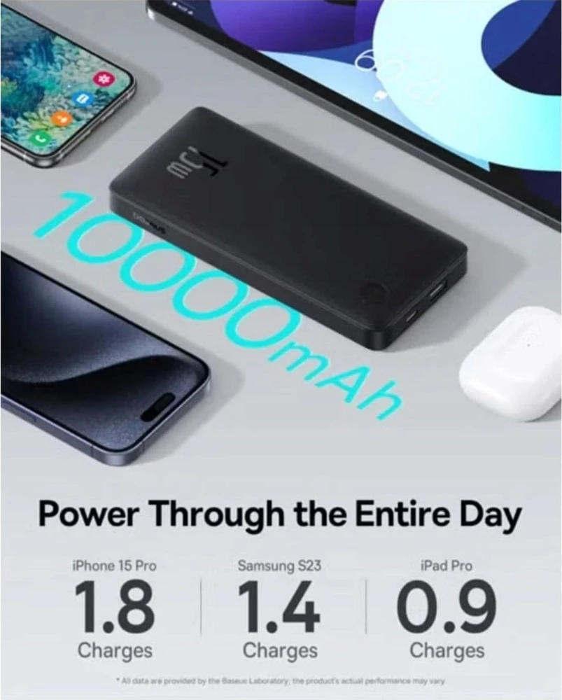 LiPo išorinis akumuliatorius (PowerBank) 10000mAh 15W USB + USB-C Airpow Lite baltas BASEUS