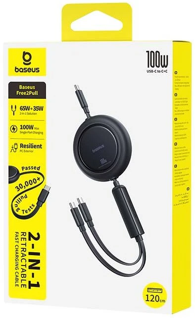 Baseus Kabelis 2-in-1 ištraukiamas laidas USB-C 100W 1.2m - juodas