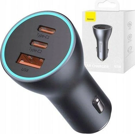 Baseus Automobilinis įkroviklis 12-24V 65W USB + 2xUSB-C QC4+ PD3.0, pilkas