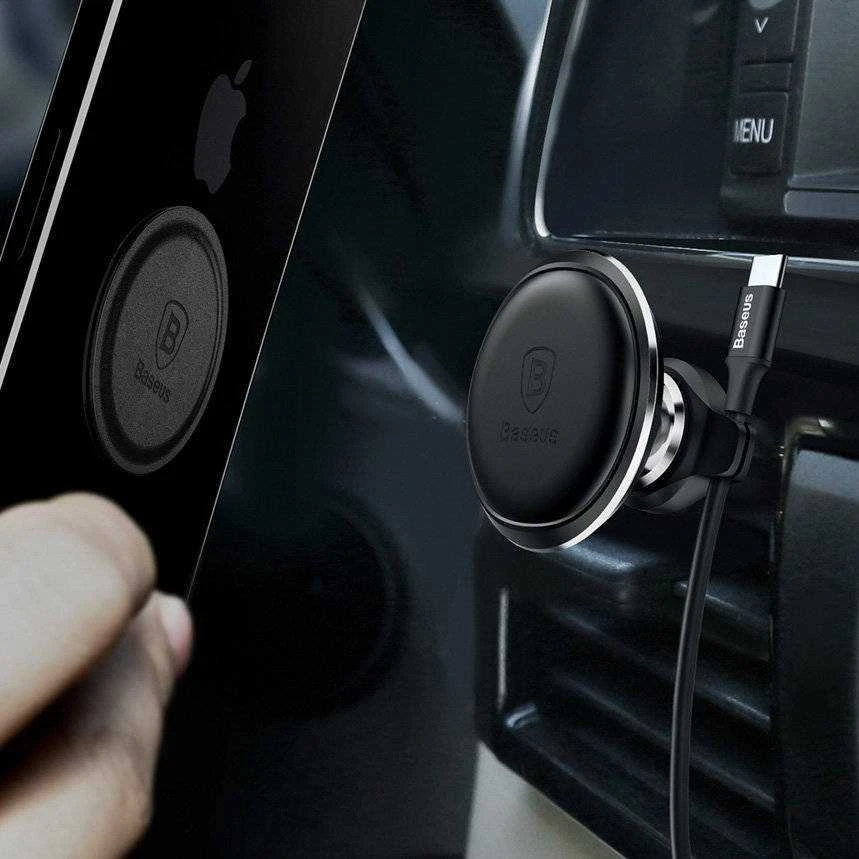 Baseus Magnetinis oro išleidimo angos automobilio laikiklis su kabelio spaustuku (sidabrinis)