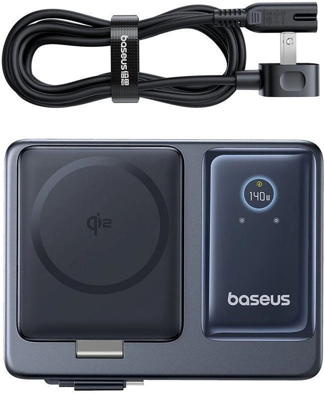 „Baseus NOMOS 140W Qi2 5in1“ belaidis ausinukas su ištraukiamu USB-C laidu ir skaitmeniniu ekranu – juoda