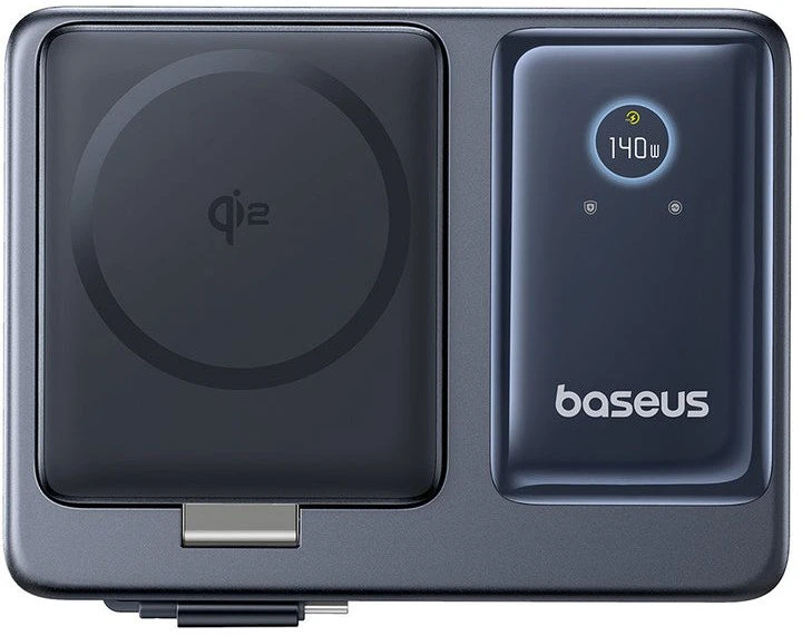 „Baseus NOMOS 140W Qi2 5in1“ belaidis ausinukas su ištraukiamu USB-C laidu ir skaitmeniniu ekranu – juoda