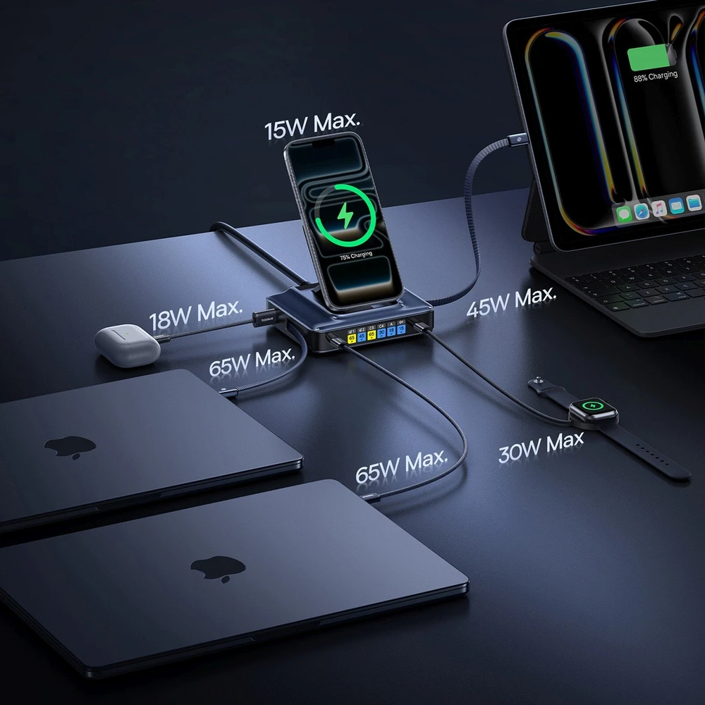 „Baseus Nomos NH21 6in1“ 245 W belaidė įkrovimo stotelė su dviem ištraukiamais USB-C laidais - juoda