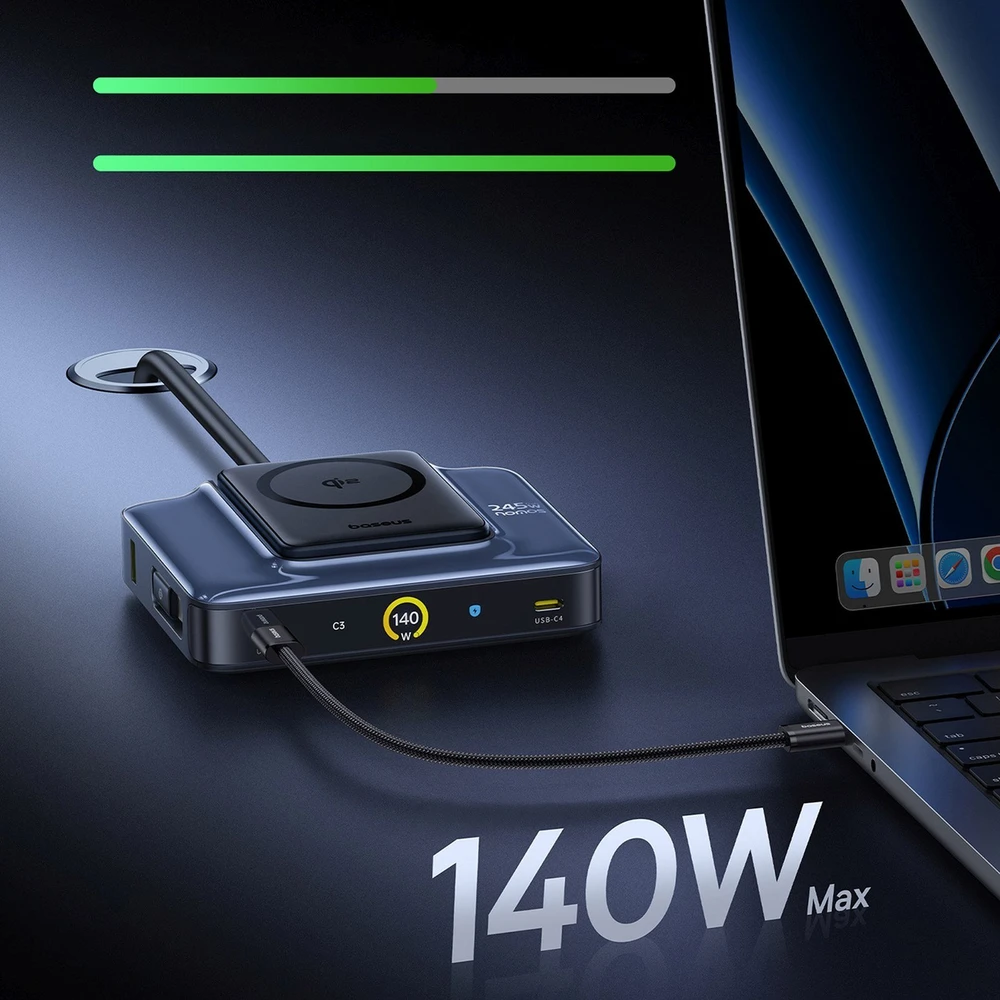 „Baseus Nomos NH21 6in1“ 245 W belaidė įkrovimo stotelė su dviem ištraukiamais USB-C laidais - juoda