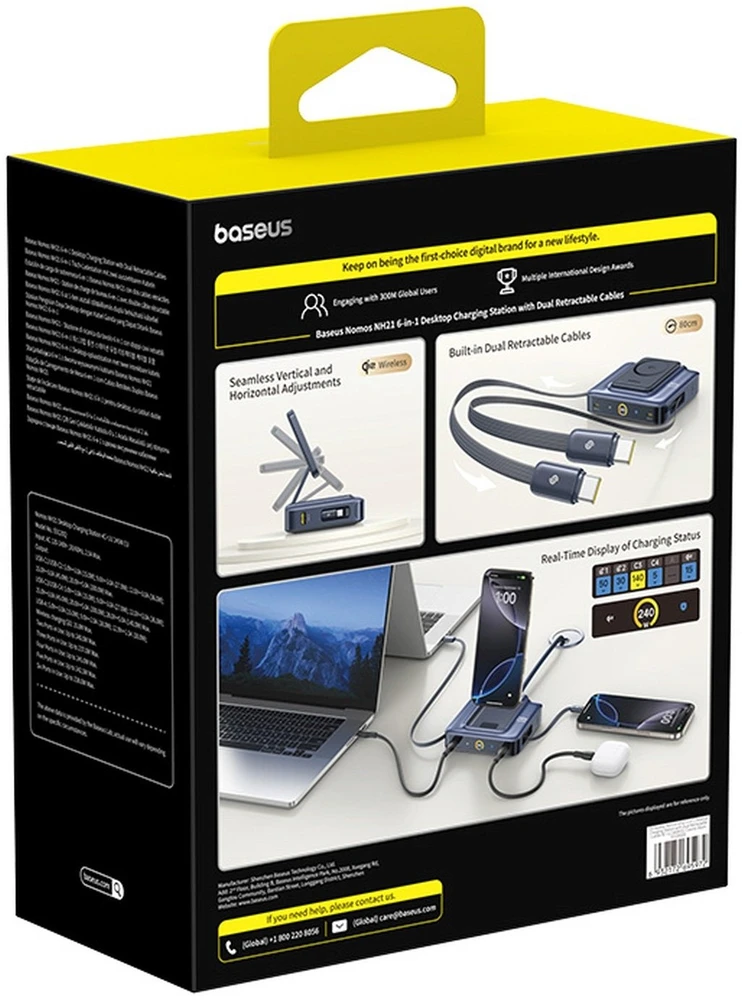 „Baseus Nomos NH21 6in1“ 245 W belaidė įkrovimo stotelė su dviem ištraukiamais USB-C laidais - juoda