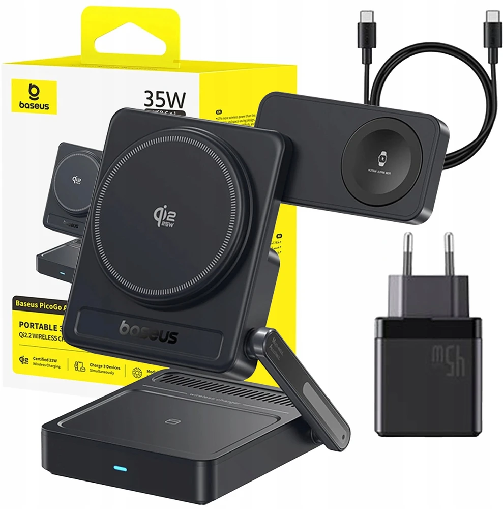 Baseus PicoGo AF21 „3-in-1“ Qi2.2 35W belaidis įkroviklis su 45W ES maitinimo adapteriu ir 1 m USB-C laidu – juodas